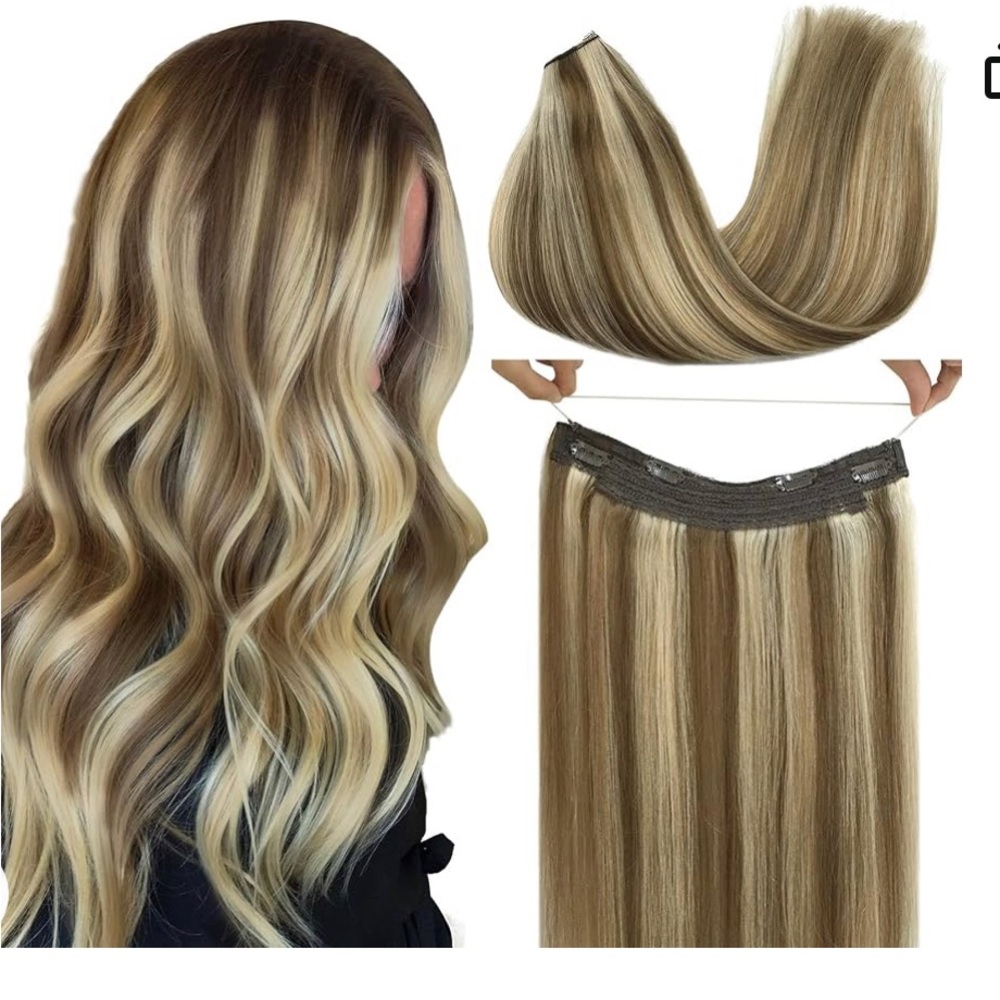 Brown Highlighted 14 inch 100% Real Human Hair Halo/Clip Extensions